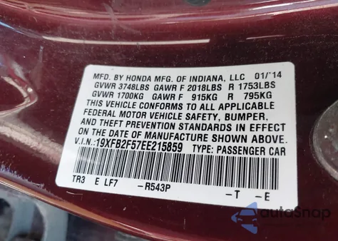 2014 Honda Civic Lx from USA, damaged, VIN 19XFB2F57EE215859